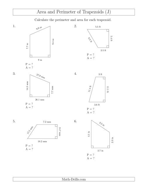 The Calculating the Perimeter and Area of Right Trapezoids (J) Math Worksheet