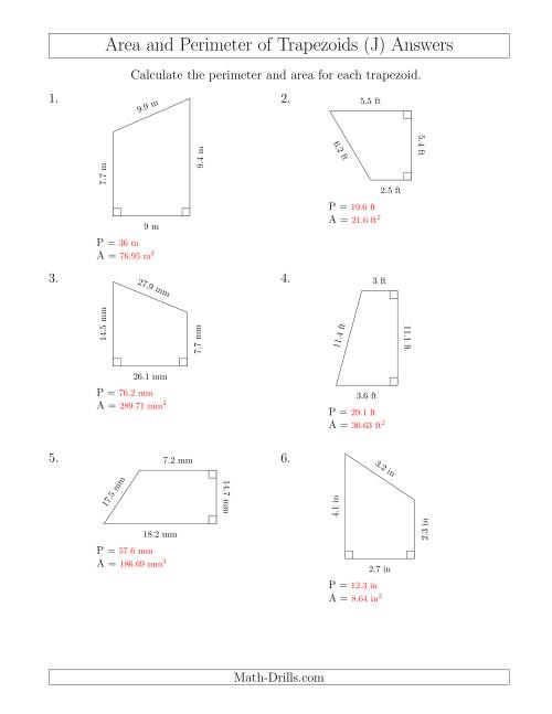 The Calculating the Perimeter and Area of Right Trapezoids (J) Math Worksheet Page 2