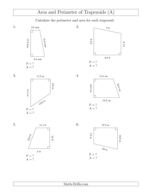 The Calculating the Perimeter and Area of Right Trapezoids (All) Math Worksheet