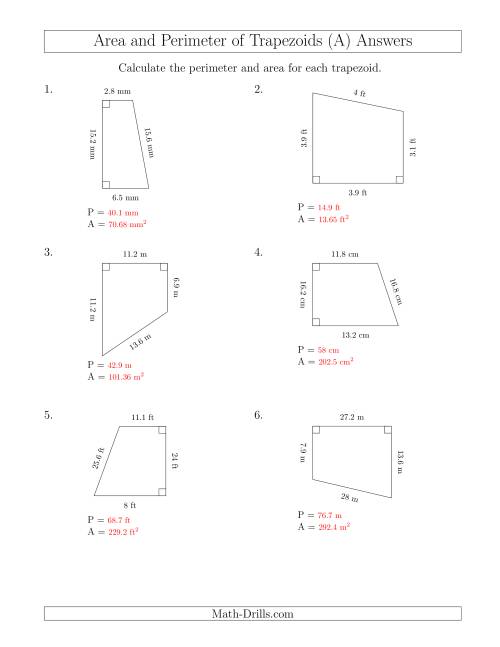 The Calculating the Perimeter and Area of Right Trapezoids (All) Math Worksheet Page 2