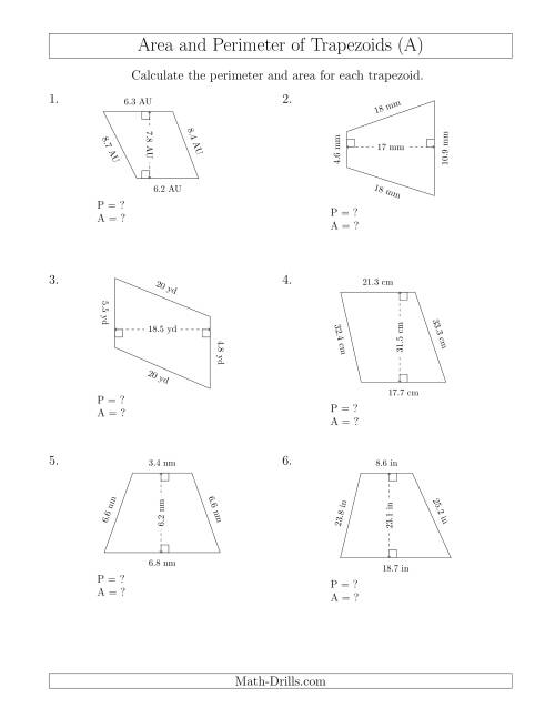 The Calculating the Perimeter and Area of Scalene Trapezoids (A) Math Worksheet