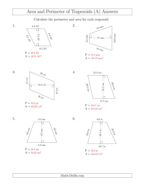 The Calculating the Perimeter and Area of Scalene Trapezoids (A) Math Worksheet Page 2