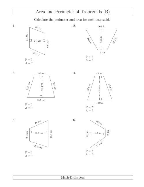 The Calculating the Perimeter and Area of Scalene Trapezoids (B) Math Worksheet