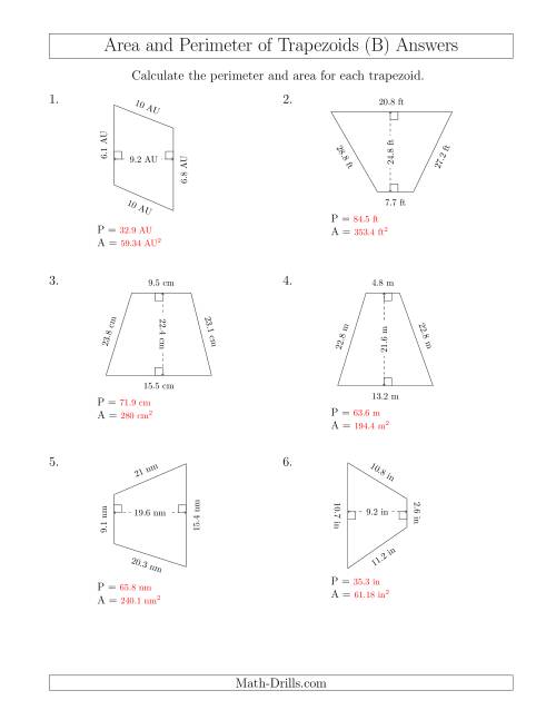 The Calculating the Perimeter and Area of Scalene Trapezoids (B) Math Worksheet Page 2