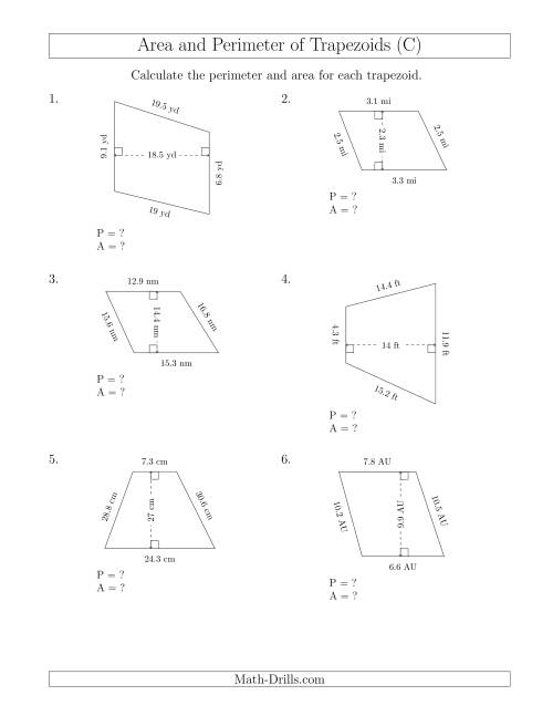 The Calculating the Perimeter and Area of Scalene Trapezoids (C) Math Worksheet