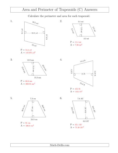 The Calculating the Perimeter and Area of Scalene Trapezoids (C) Math Worksheet Page 2