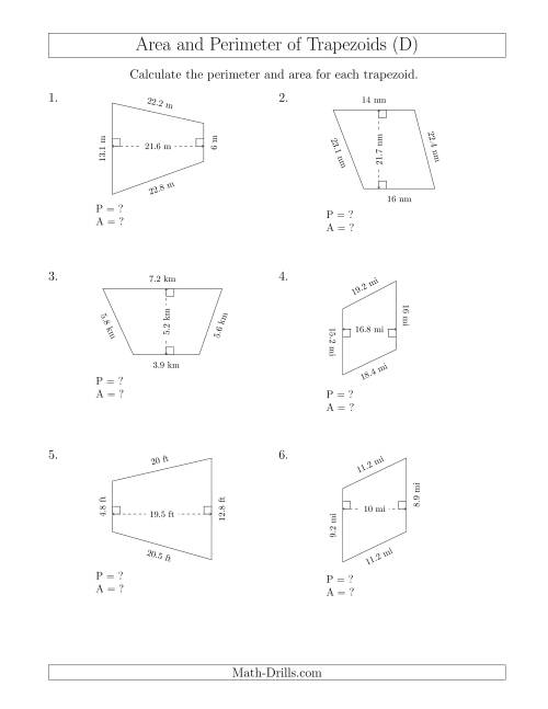 The Calculating the Perimeter and Area of Scalene Trapezoids (D) Math Worksheet