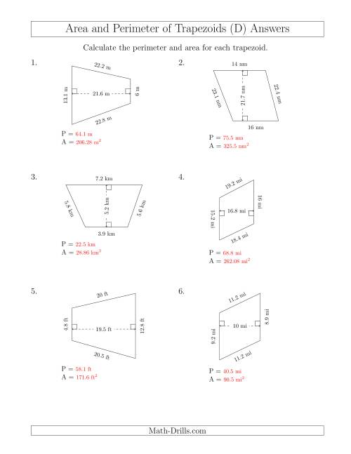 The Calculating the Perimeter and Area of Scalene Trapezoids (D) Math Worksheet Page 2