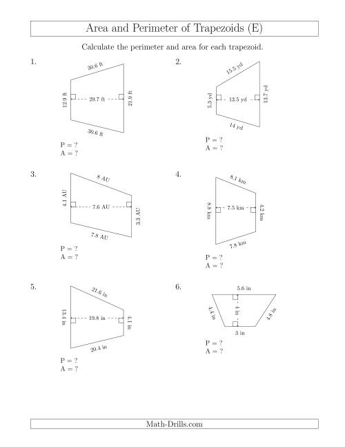 The Calculating the Perimeter and Area of Scalene Trapezoids (E) Math Worksheet