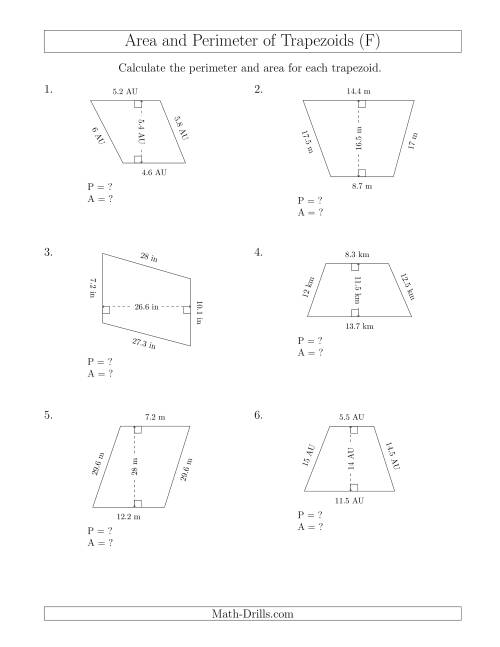 The Calculating the Perimeter and Area of Scalene Trapezoids (F) Math Worksheet