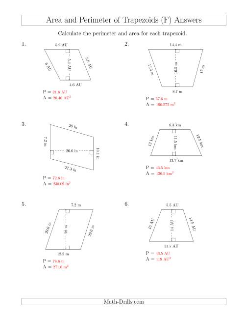 The Calculating the Perimeter and Area of Scalene Trapezoids (F) Math Worksheet Page 2