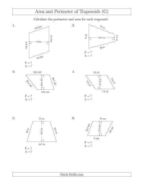 The Calculating the Perimeter and Area of Scalene Trapezoids (G) Math Worksheet
