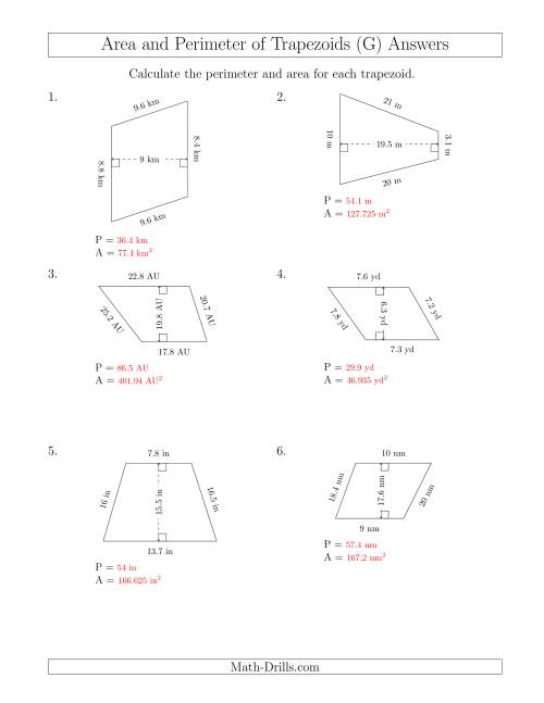 The Calculating the Perimeter and Area of Scalene Trapezoids (G) Math Worksheet Page 2