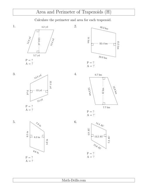 The Calculating the Perimeter and Area of Scalene Trapezoids (H) Math Worksheet