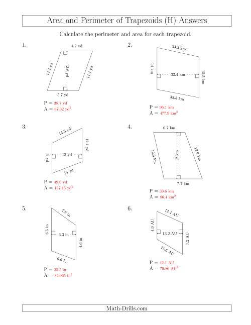 The Calculating the Perimeter and Area of Scalene Trapezoids (H) Math Worksheet Page 2
