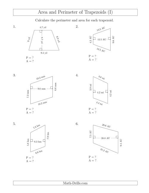 The Calculating the Perimeter and Area of Scalene Trapezoids (I) Math Worksheet