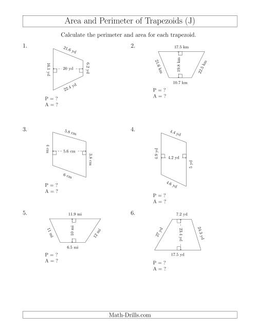The Calculating the Perimeter and Area of Scalene Trapezoids (J) Math Worksheet