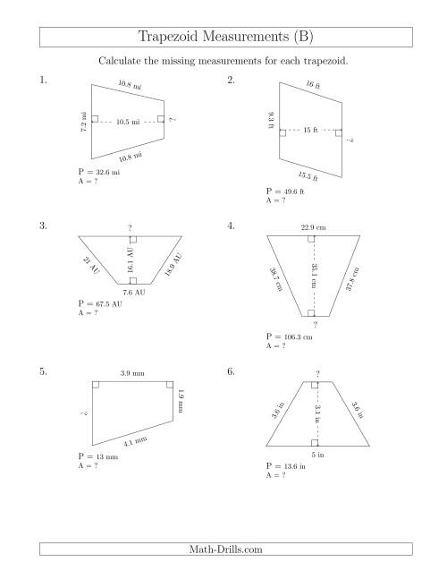 The Calculating Bases and Areas of Trapezoids (B) Math Worksheet