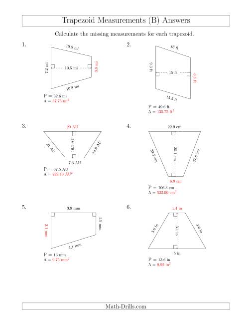 The Calculating Bases and Areas of Trapezoids (B) Math Worksheet Page 2