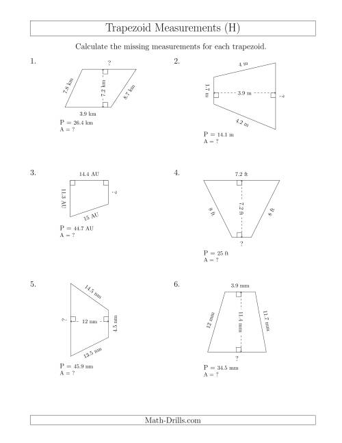 The Calculating Bases and Areas of Trapezoids (H) Math Worksheet