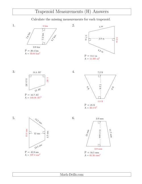 The Calculating Bases and Areas of Trapezoids (H) Math Worksheet Page 2