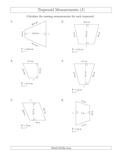 The Calculating Bases and Areas of Trapezoids (J) Math Worksheet