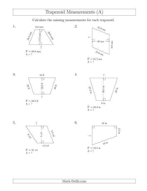 The Calculating Bases and Areas of Trapezoids (All) Math Worksheet