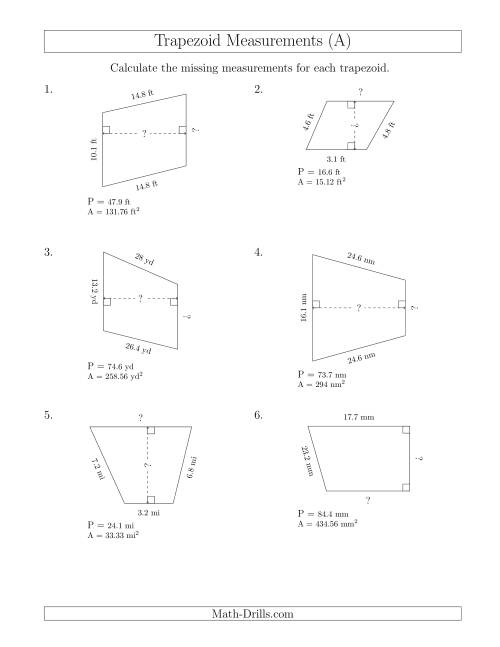 The Calculating Bases and Heights of Trapezoids (A) Math Worksheet