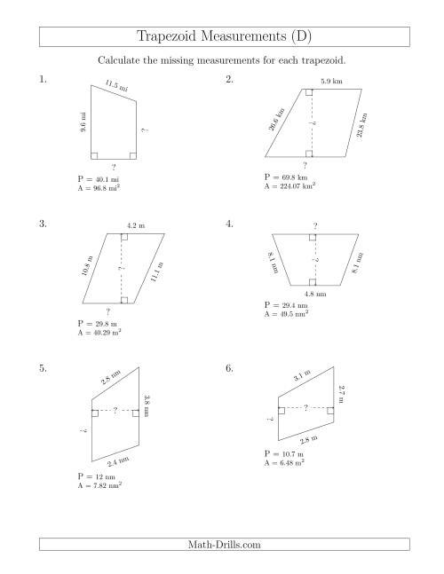 The Calculating Bases and Heights of Trapezoids (D) Math Worksheet