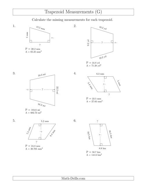 The Calculating Bases and Heights of Trapezoids (G) Math Worksheet