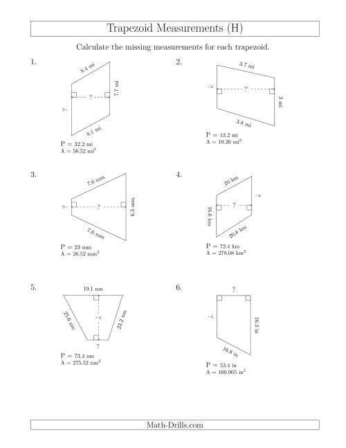 The Calculating Bases and Heights of Trapezoids (H) Math Worksheet