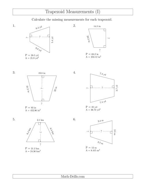 The Calculating Bases and Heights of Trapezoids (I) Math Worksheet