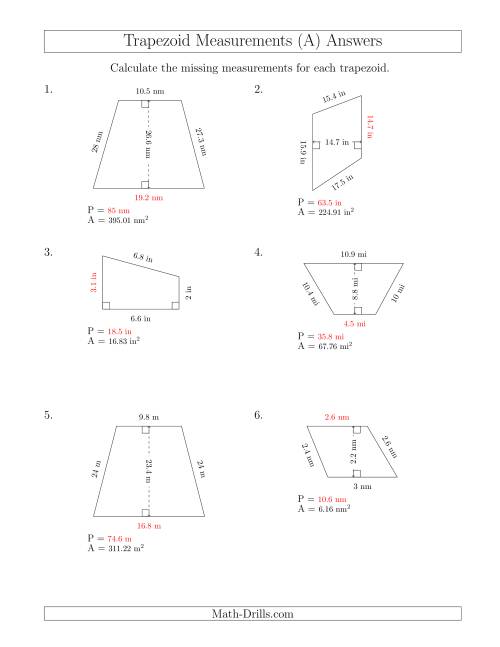 The Calculating Bases and Perimeters of Trapezoids (A) Math Worksheet Page 2