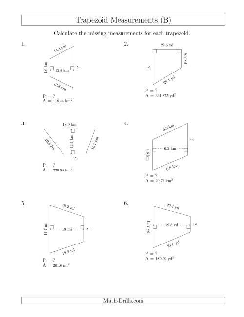 The Calculating Bases and Perimeters of Trapezoids (B) Math Worksheet