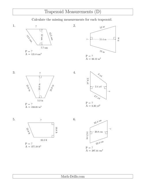 The Calculating Bases and Perimeters of Trapezoids (D) Math Worksheet