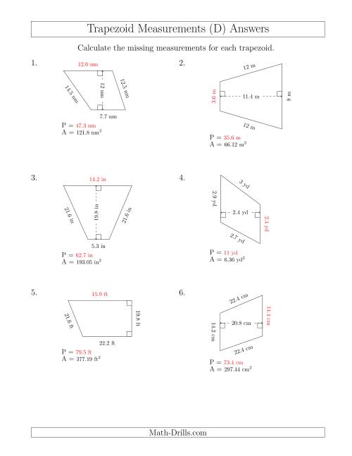 The Calculating Bases and Perimeters of Trapezoids (D) Math Worksheet Page 2