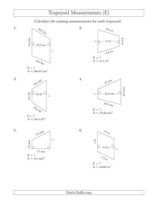 The Calculating Bases and Perimeters of Trapezoids (E) Math Worksheet