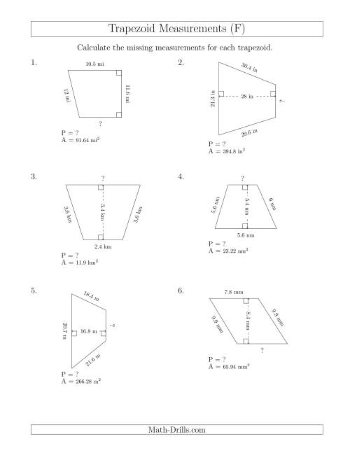 The Calculating Bases and Perimeters of Trapezoids (F) Math Worksheet