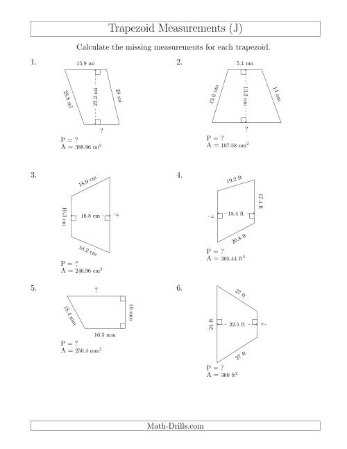 The Calculating Bases and Perimeters of Trapezoids (J) Math Worksheet