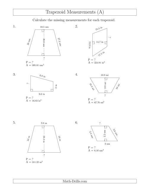 The Calculating Bases and Perimeters of Trapezoids (All) Math Worksheet