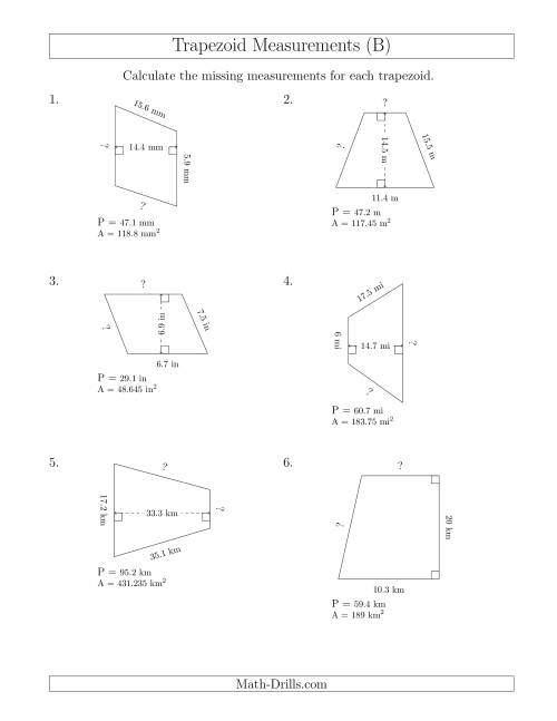 The Calculating Bases and Sides of Trapezoids (B) Math Worksheet