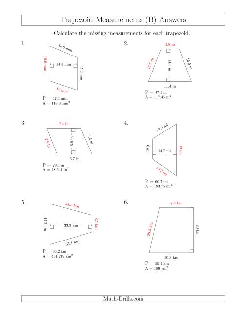 The Calculating Bases and Sides of Trapezoids (B) Math Worksheet Page 2