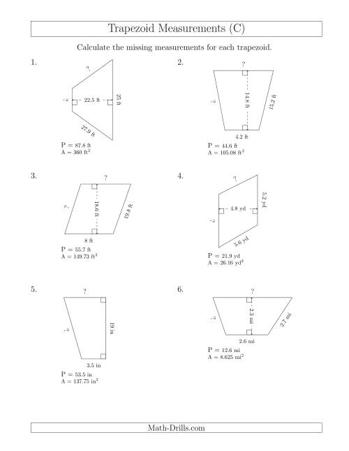 The Calculating Bases and Sides of Trapezoids (C) Math Worksheet