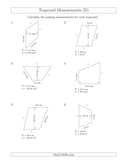 The Calculating Bases and Sides of Trapezoids (D) Math Worksheet