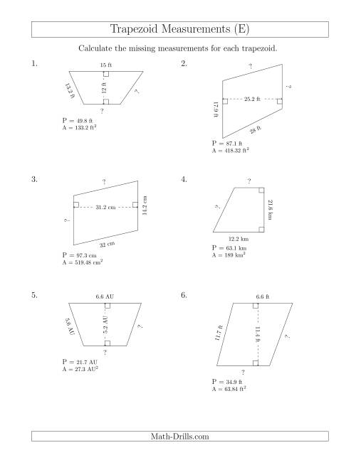 The Calculating Bases and Sides of Trapezoids (E) Math Worksheet
