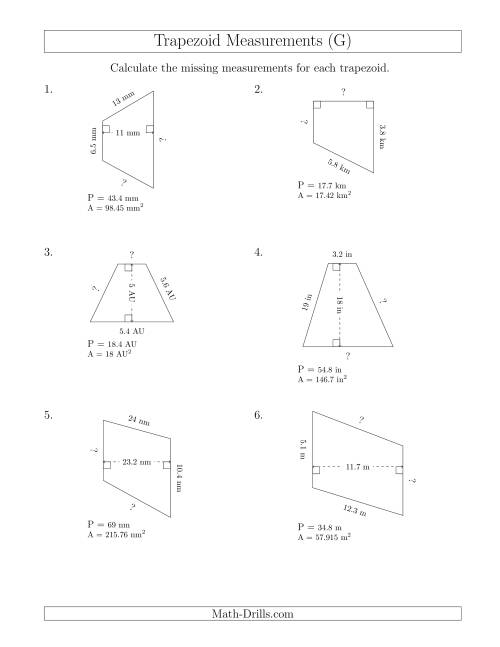 The Calculating Bases and Sides of Trapezoids (G) Math Worksheet