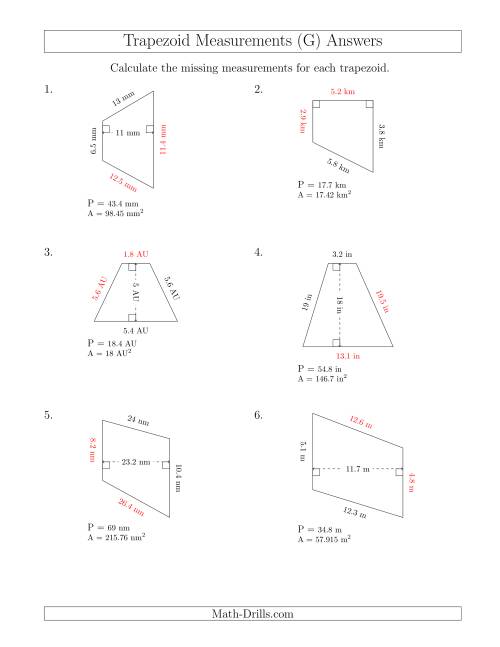 The Calculating Bases and Sides of Trapezoids (G) Math Worksheet Page 2