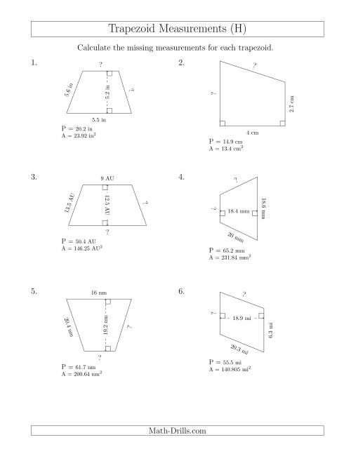 The Calculating Bases and Sides of Trapezoids (H) Math Worksheet