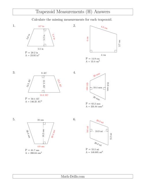 The Calculating Bases and Sides of Trapezoids (H) Math Worksheet Page 2