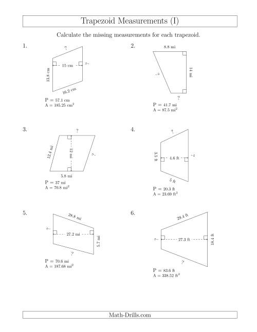 The Calculating Bases and Sides of Trapezoids (I) Math Worksheet